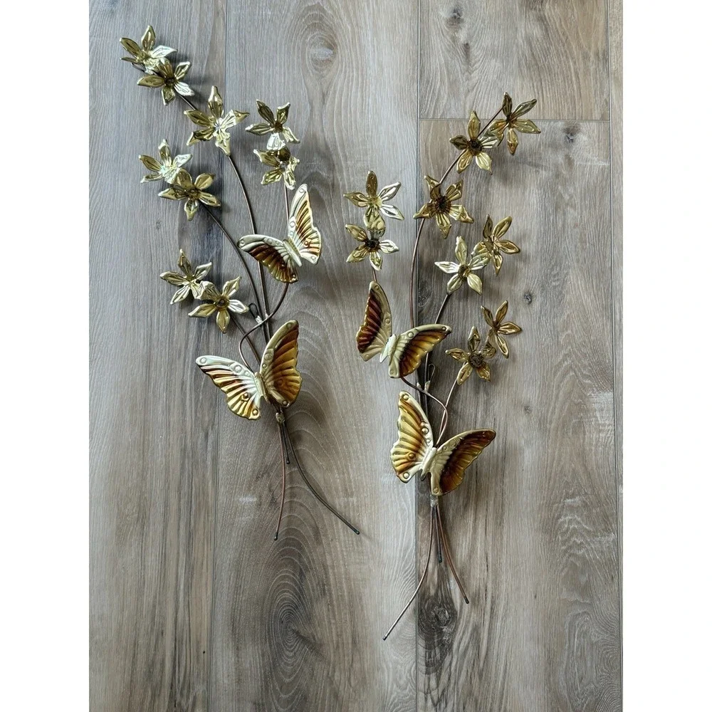2 Homeco Vintage Brass Butterfly Flower Wall Hangings 26